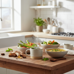 Simple Ayurvedic detox foods and herbal tea in a bright spring kitchen.