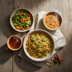Simple Ayurvedic detox meals with herbal tea on a wooden table in natural light.