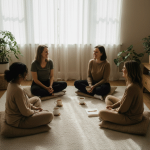 Small group seated in a bright room during a spring wellness circle