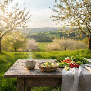 Spring detox setup with herbal tea and simple Ayurvedic meal in soft morning sunlight.