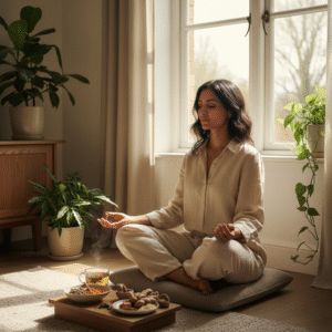 Woman meditating indoors with herbal tea and plants in soft spring sunlight.