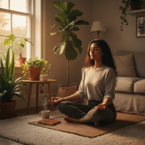 Woman meditating indoors at sunset with herbal tea and journal nearby.