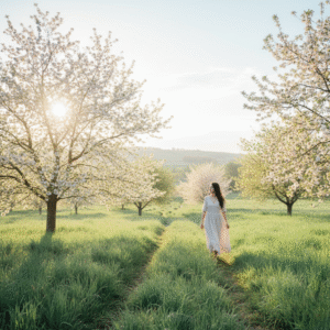 Woman walking through a spring field in soft morning sunlight.