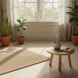 Yoga mat, herbal tea and journal in soft spring morning light.