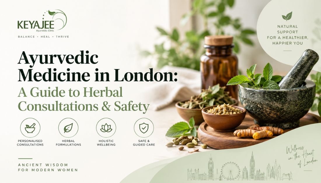 Ayurvedic medicine in London – herbal consultation with dried herbs, powders and a mortar and pestle